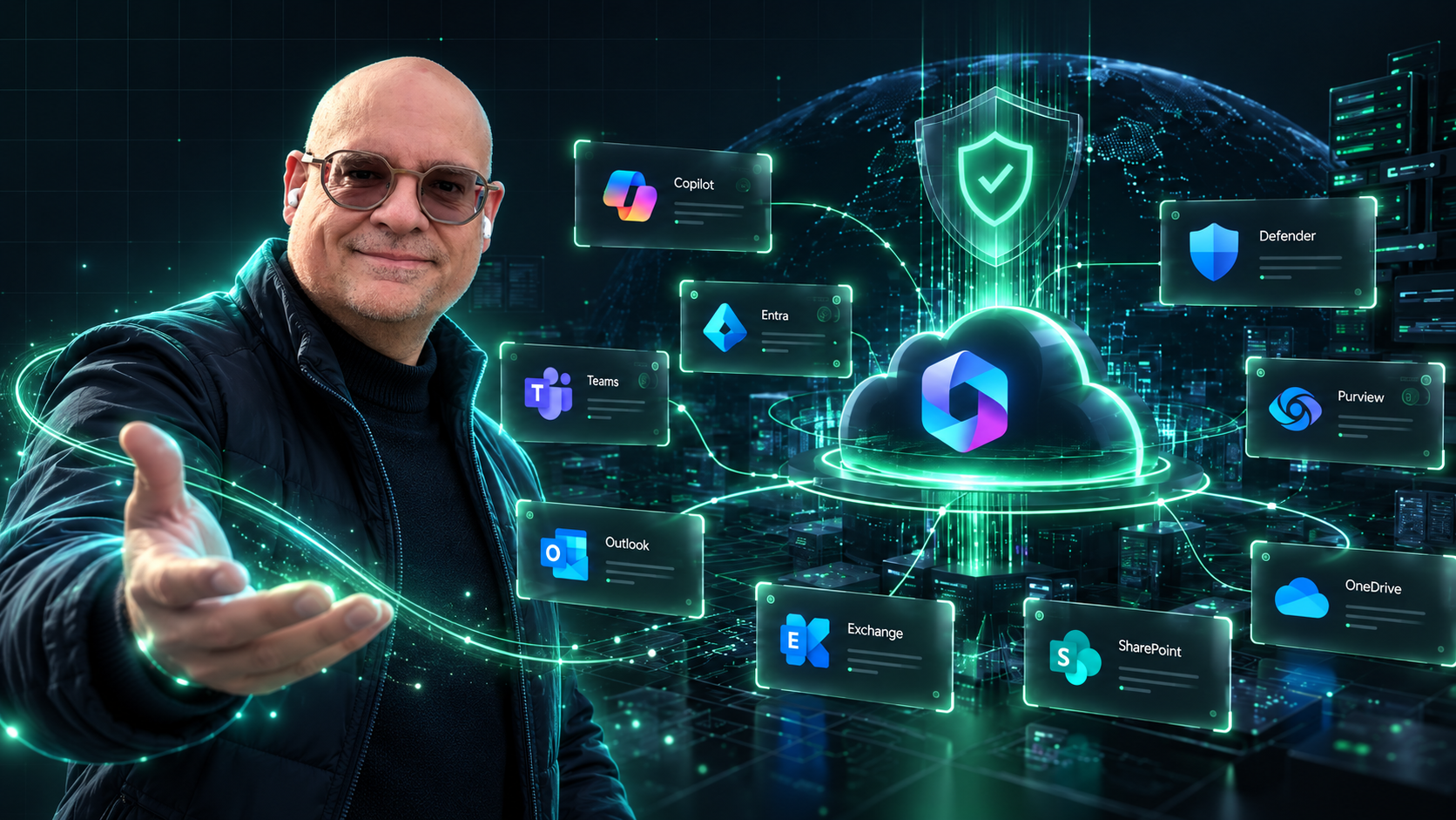 Operator presenting the Microsoft 365 governance surface: Copilot, Teams, Entra, Outlook, Exchange, SharePoint, OneDrive, Defender, and Purview orbiting a secured cloud